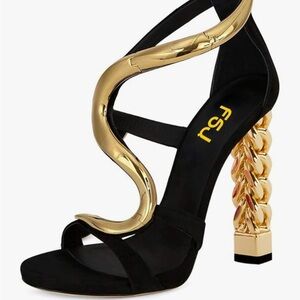 FSJ Black & Gold Sculptural Chain-Link Block Heel Sandals
